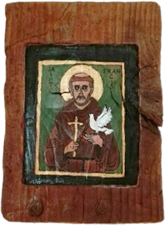 Ikon med Frans af Assisi som følger med dyrevelfærdsprisen. Ikonet er kreeret af kunstneren Birgitte Hansen, Viborg.